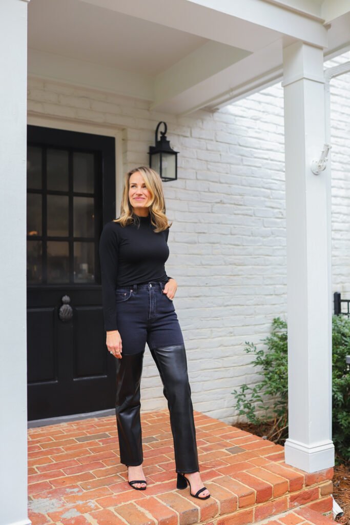 mixed fabric denim and leather pants